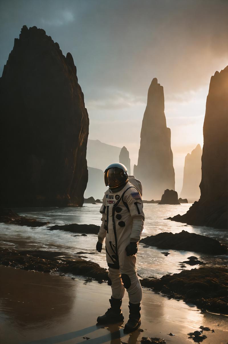 606247209521969983-320420685-raw photo of a lone astronaut standing on the rugged terrain of an alien planet at twilight. The scene should convey a profound.jpg